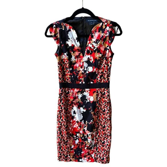 French Connection Size 2 Red Orange Black Floral Print V-Neck Sheath Mini Dress - Picture 2 of 16